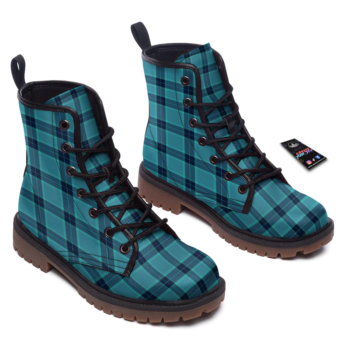 Madras Teal Print Pattern Work Boots-grizzshop
