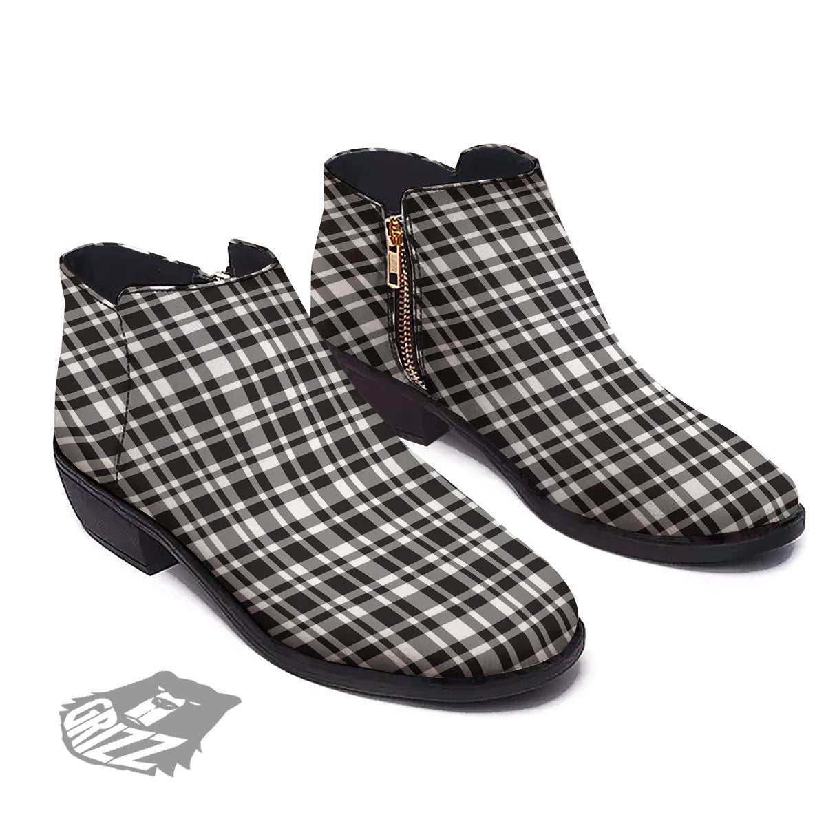 Madras White And Black Print Pattern Ankle Boots-grizzshop