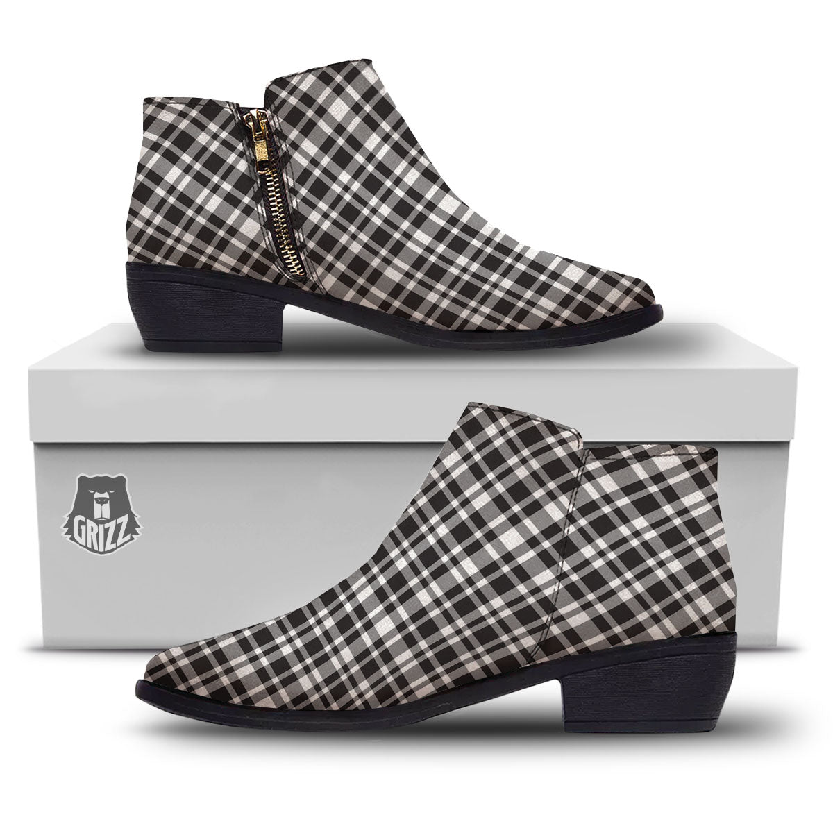 Madras White And Black Print Pattern Ankle Boots-grizzshop