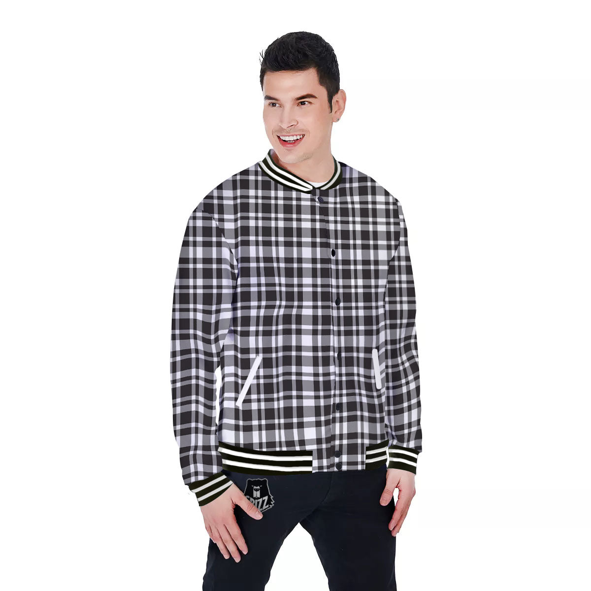Madras White And Black Print Pattern Baseball Jacket-grizzshop