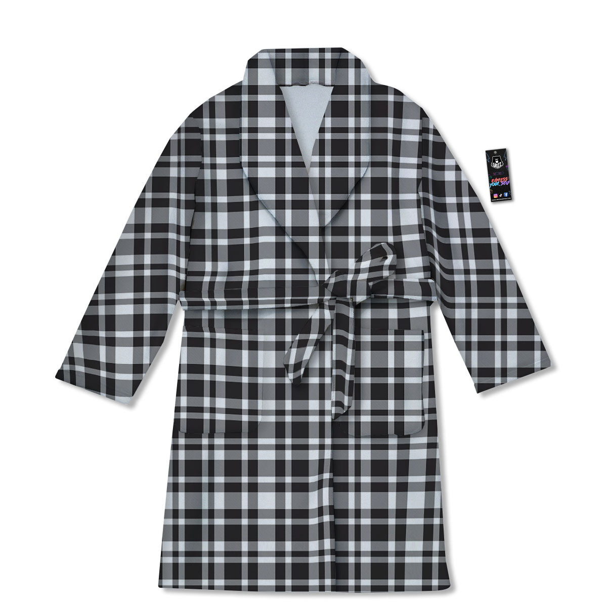 Madras White And Black Print Pattern Bathrobe-grizzshop