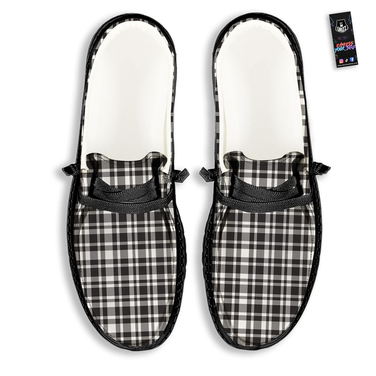 Madras White And Black Print Pattern Black Loafers-grizzshop