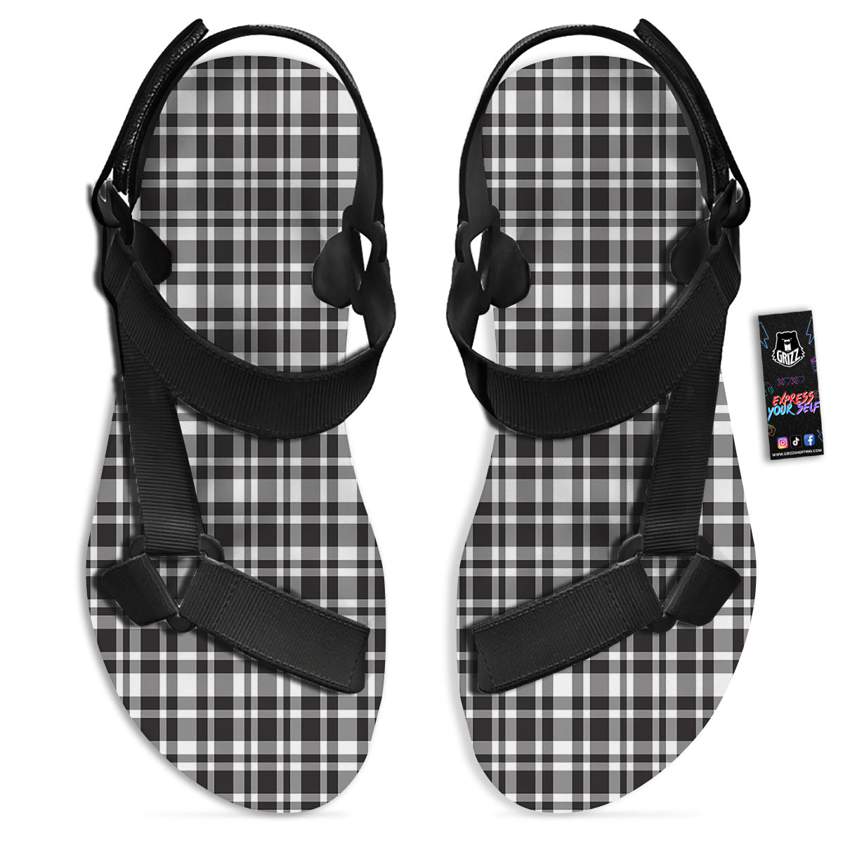Madras White And Black Print Pattern Black Open Toe Sandals-grizzshop