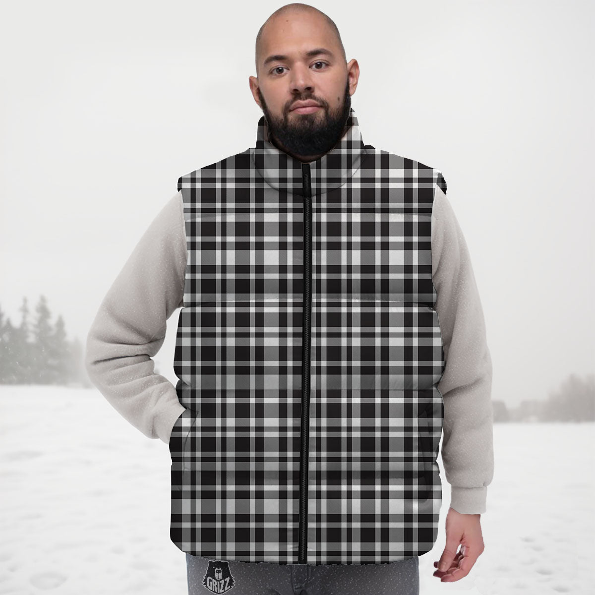 Madras White And Black Print Pattern Down Vest