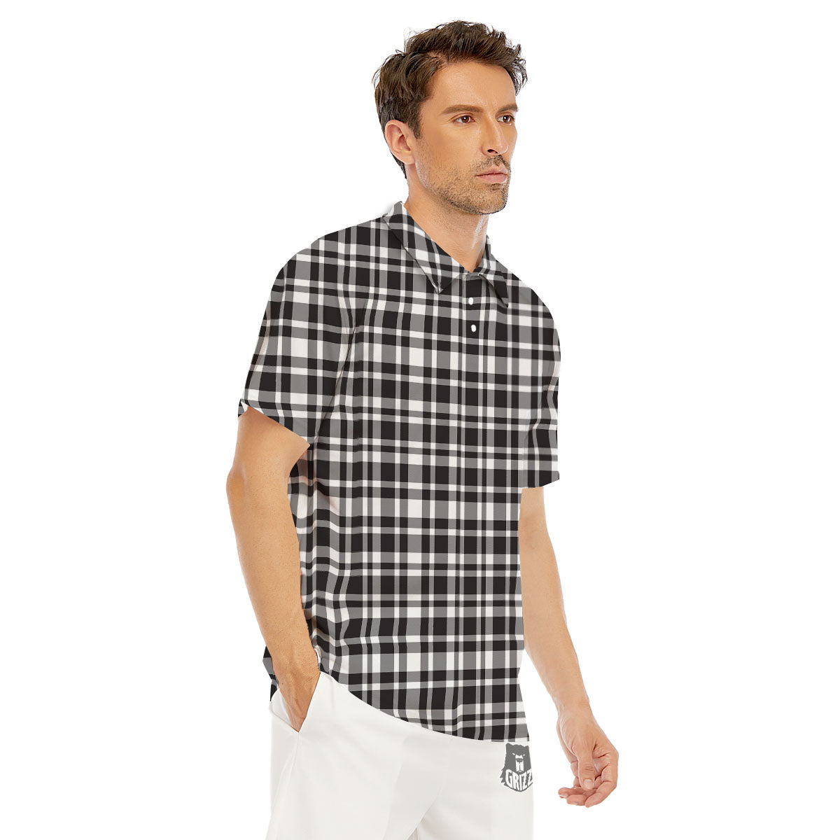 Madras White And Black Print Pattern Men's Golf Shirts-grizzshop