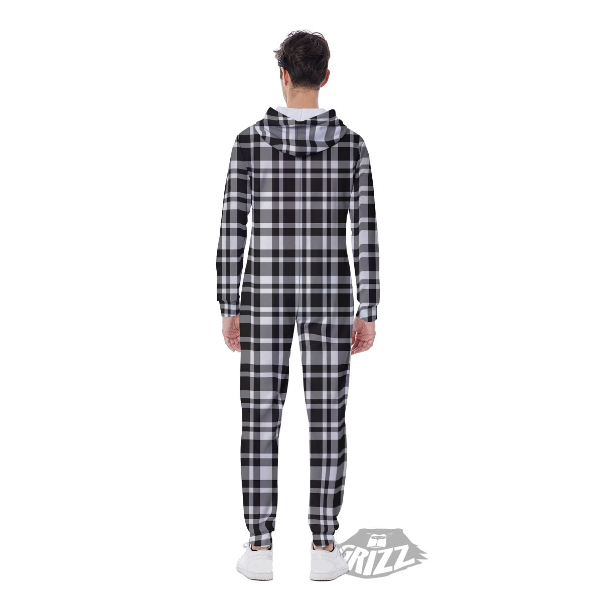 Madras White And Black Print Pattern Men's Jumpsuit-grizzshop