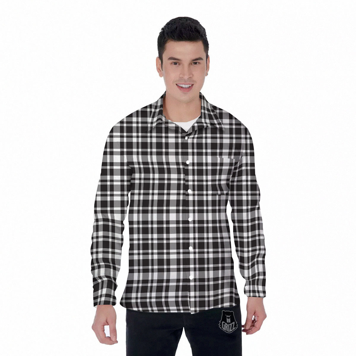 Madras White And Black Print Pattern Men's Long Sleeve Shirts-grizzshop