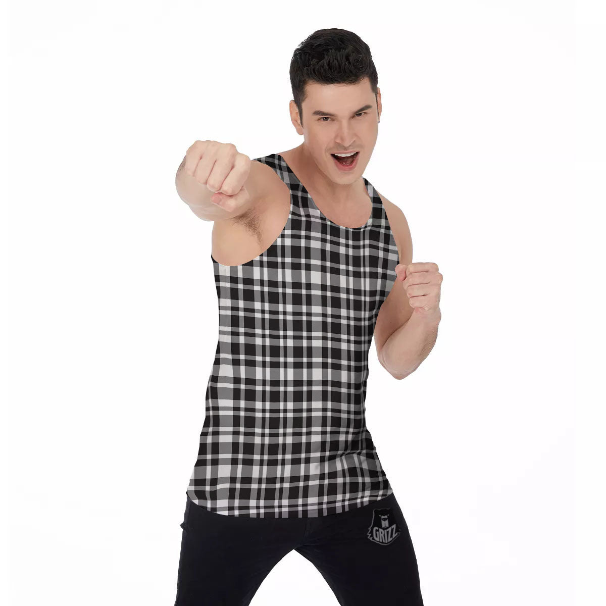Madras White And Black Print Pattern Men's Tank Top-grizzshop
