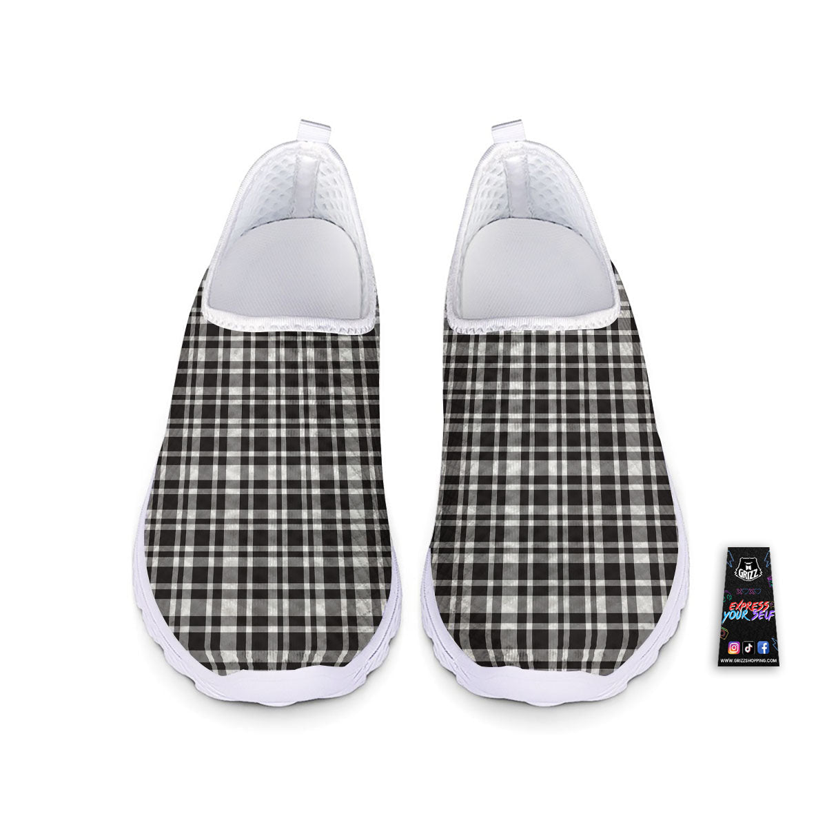 Madras White And Black Print Pattern Nurse Shoes-grizzshop