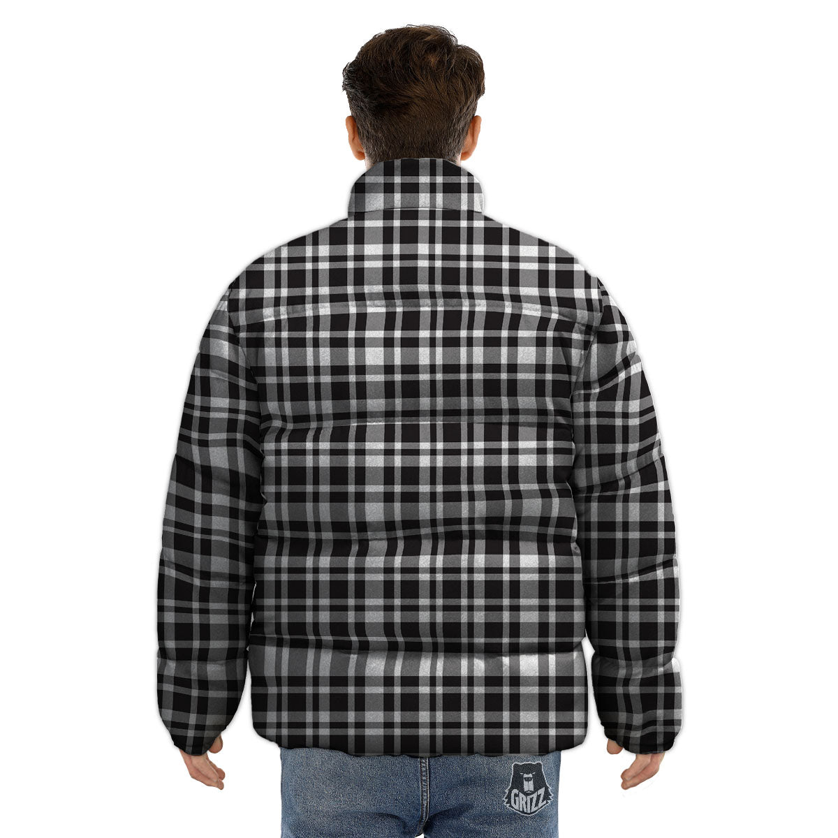 Madras White And Black Print Pattern Puffer Jacket-grizzshop