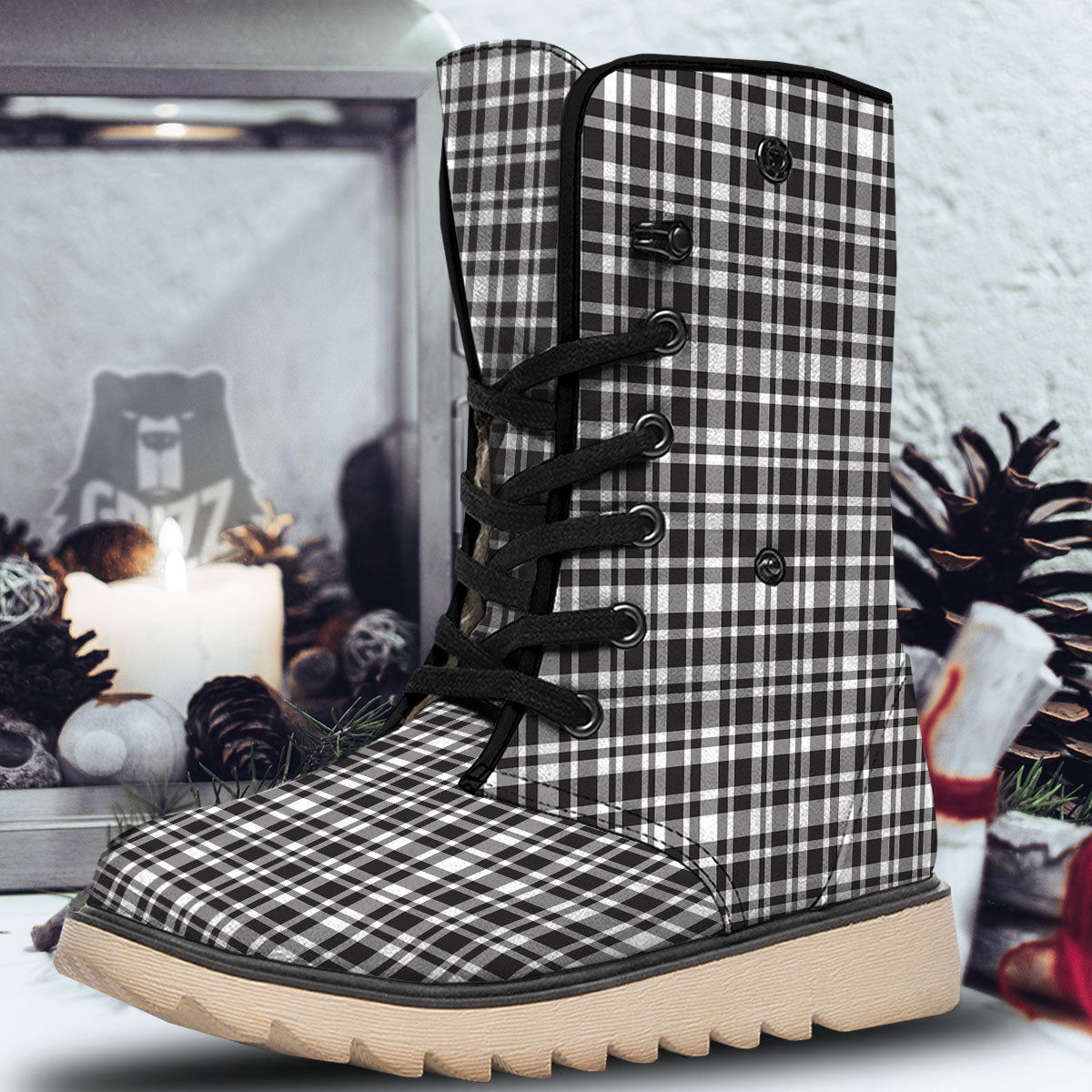 Madras White And Black Print Pattern Snow Boots-grizzshop