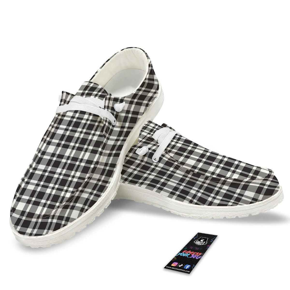 Madras White And Black Print Pattern White Loafers-grizzshop