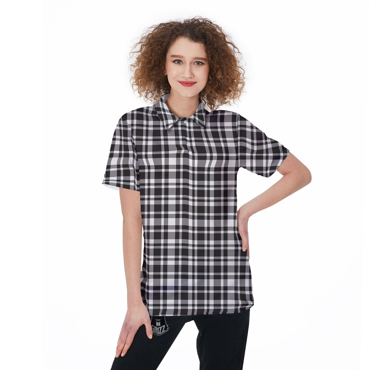 Madras White And Black Print Pattern Women's Golf Shirts-grizzshop