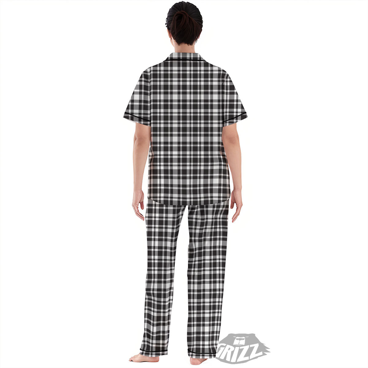 Madras White And Black Print Pattern Women's Pajamas Set-grizzshop