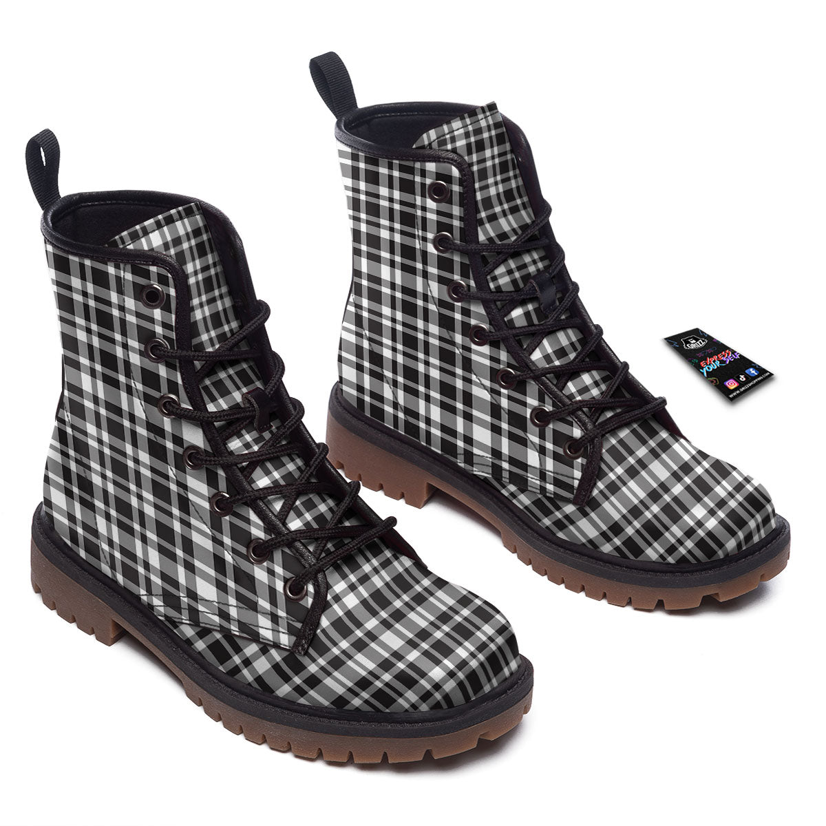 Madras White And Black Print Pattern Work Boots-grizzshop