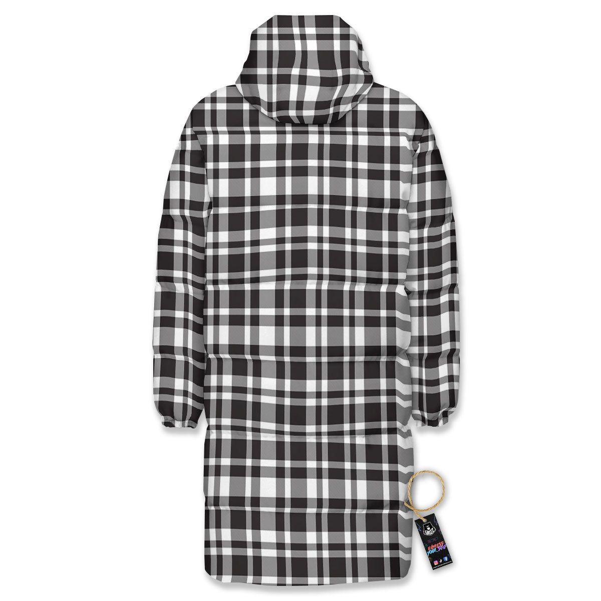 Madras White And Black Print Pattern Long Down Jacket