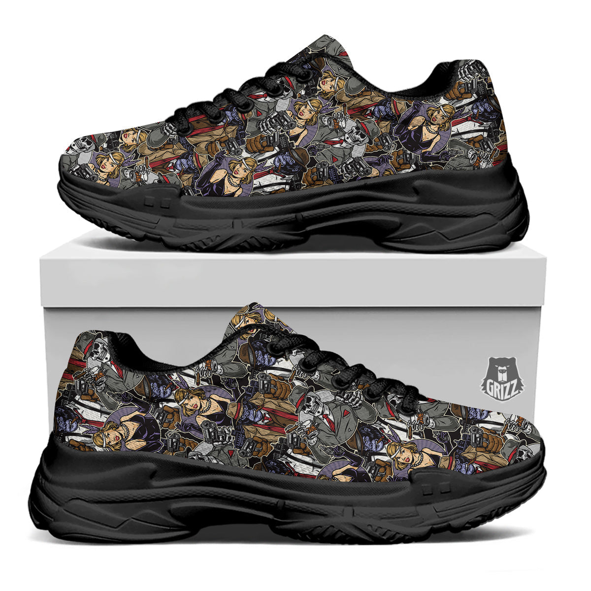 Mafia And Gangsters Print Pattern Black Chunky Shoes-grizzshop