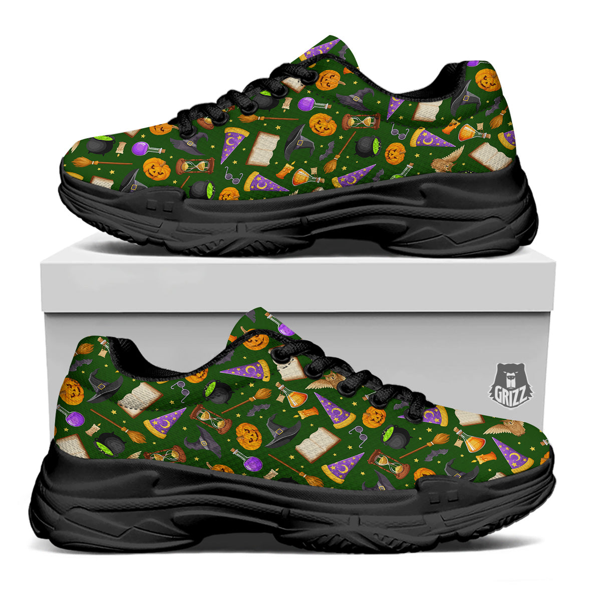 Magical Symbols And Green Print Pattern Black Chunky Shoes-grizzshop