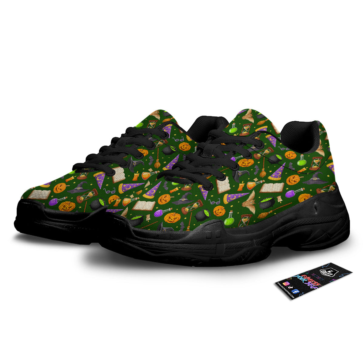 Magical Symbols And Green Print Pattern Black Chunky Shoes-grizzshop