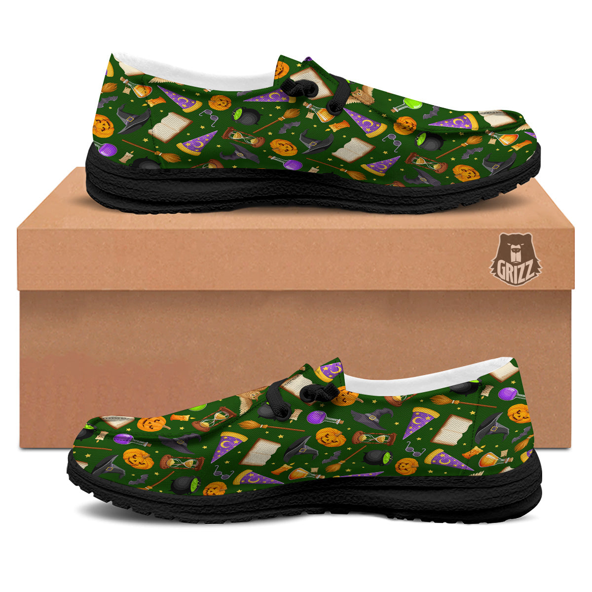 Magical Symbols And Green Print Pattern Black Loafers-grizzshop