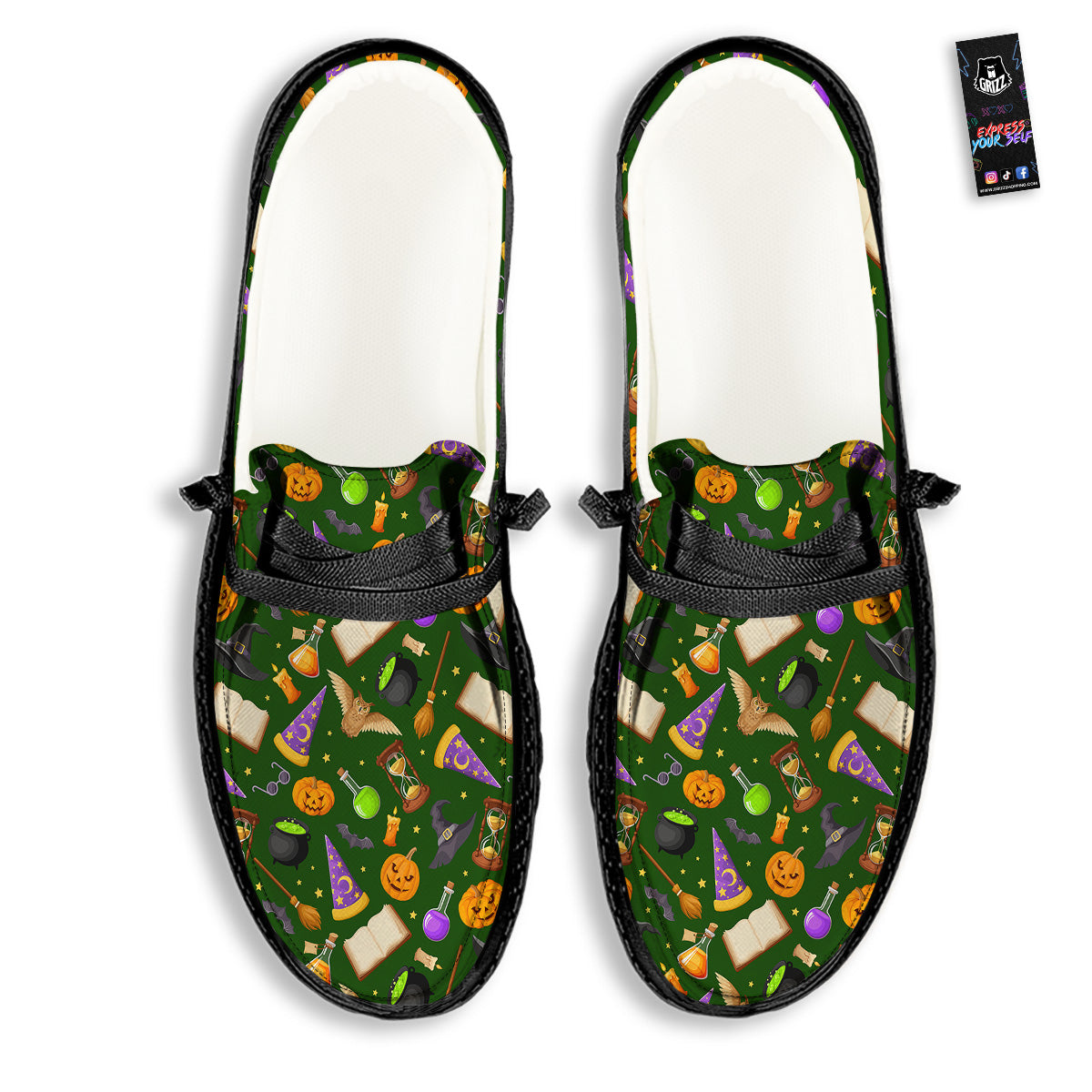 Magical Symbols And Green Print Pattern Black Loafers-grizzshop