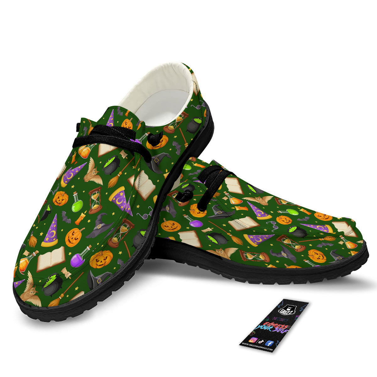 Magical Symbols And Green Print Pattern Black Loafers-grizzshop