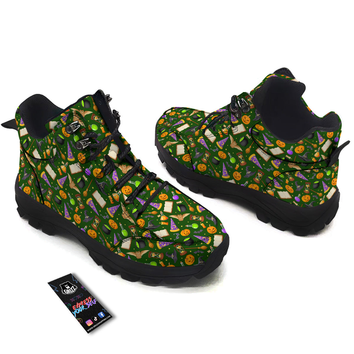 Magical Symbols And Green Print Pattern Hiking Shoes-grizzshop