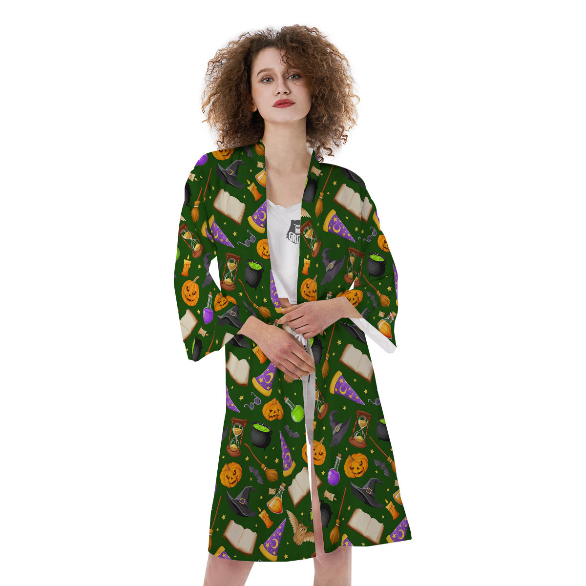 Magical Symbols And Green Print Pattern Kimono-grizzshop