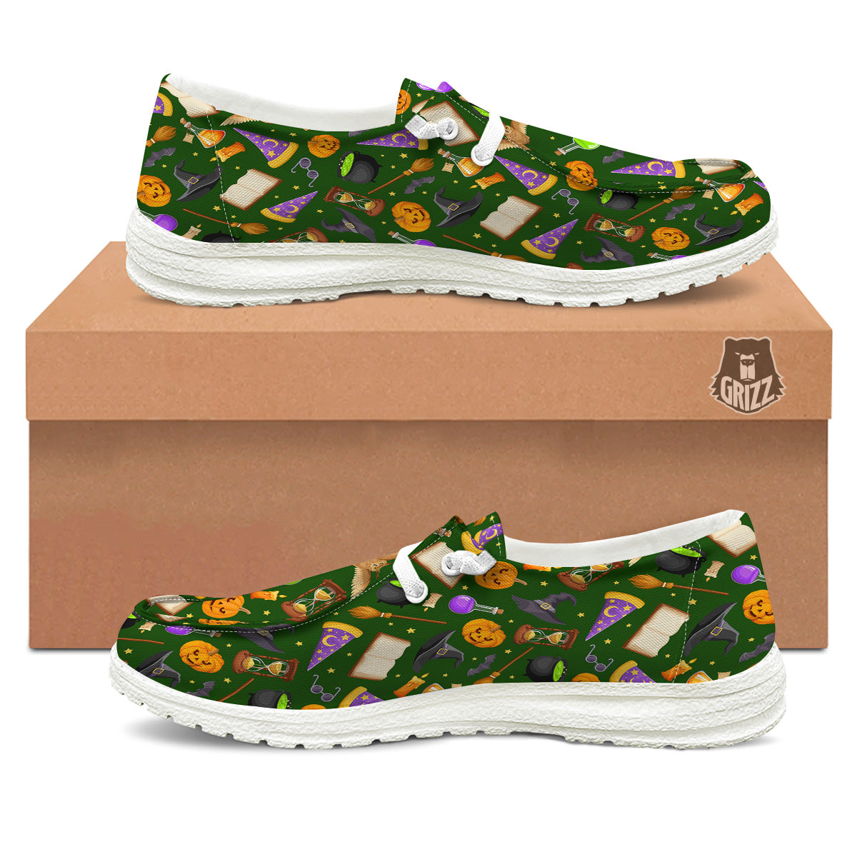 Magical Symbols And Green Print Pattern White Loafers-grizzshop