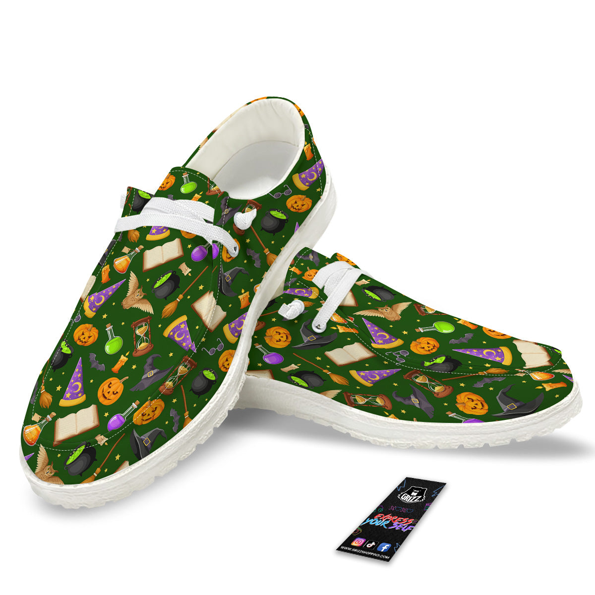 Magical Symbols And Green Print Pattern White Loafers-grizzshop