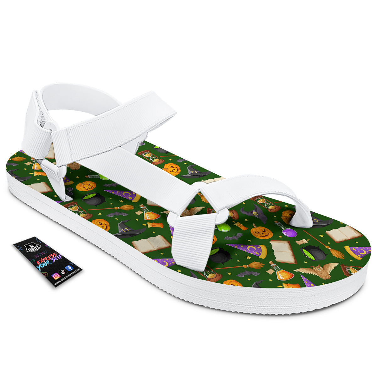 Magical Symbols And Green Print Pattern White Open Toe Sandals-grizzshop