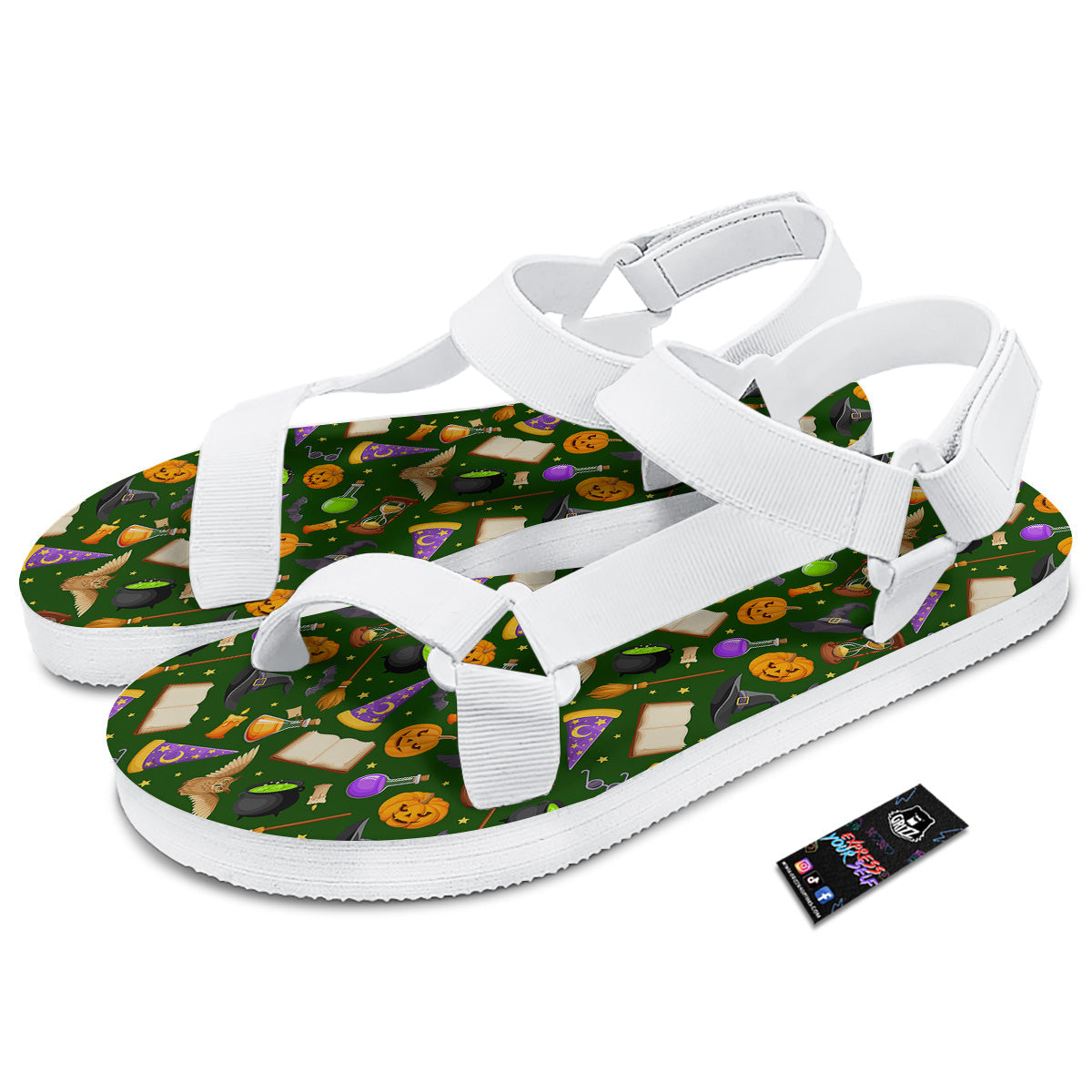 Magical Symbols And Green Print Pattern White Open Toe Sandals-grizzshop