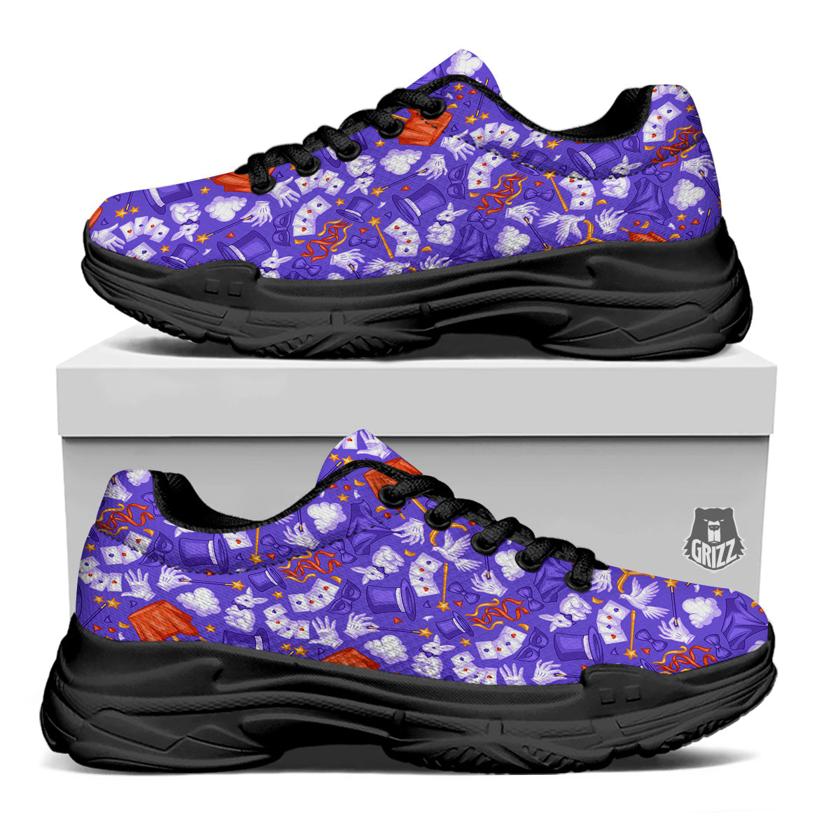 Magician Purple Show Print Pattern Black Chunky Shoes-grizzshop