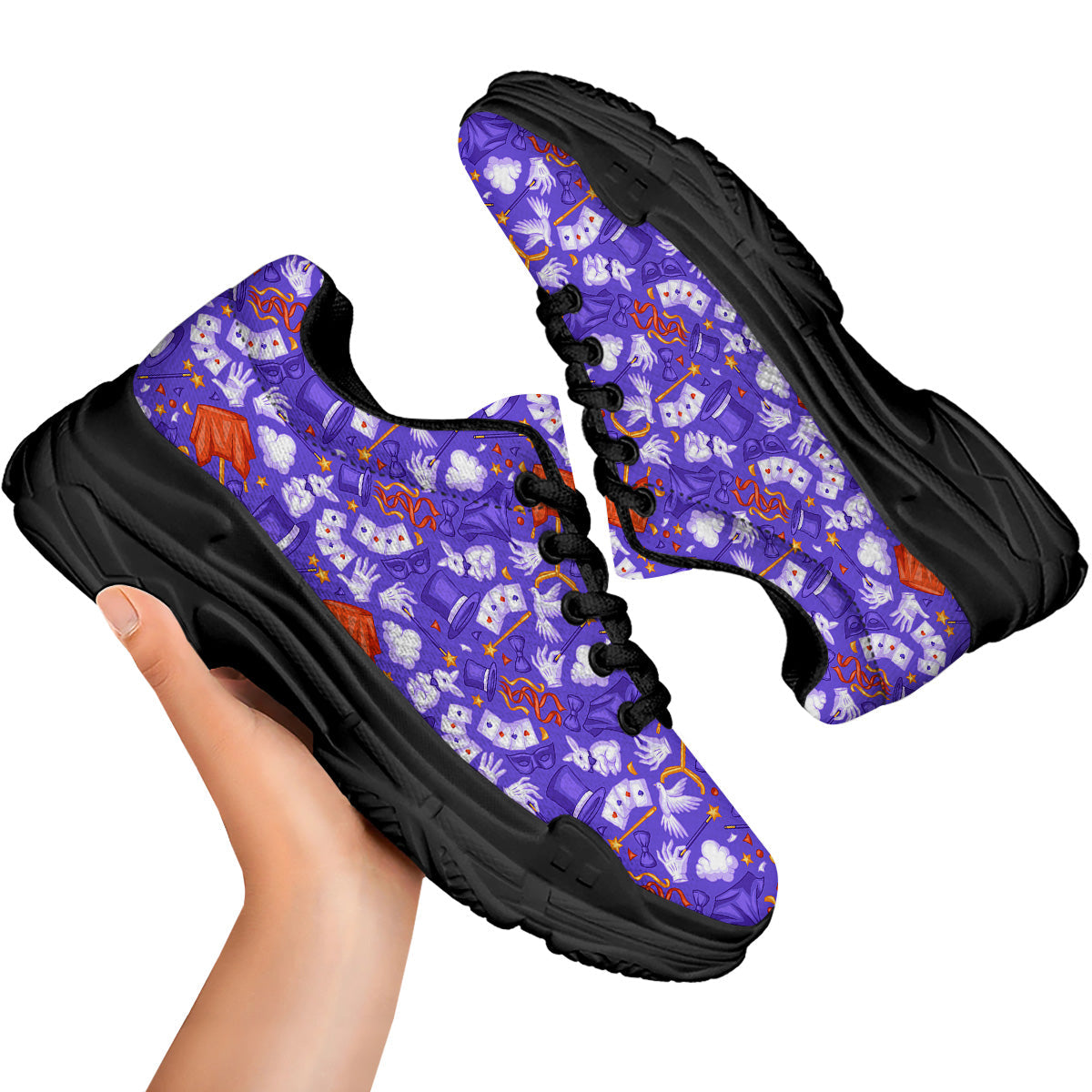 Magician Purple Show Print Pattern Black Chunky Shoes-grizzshop