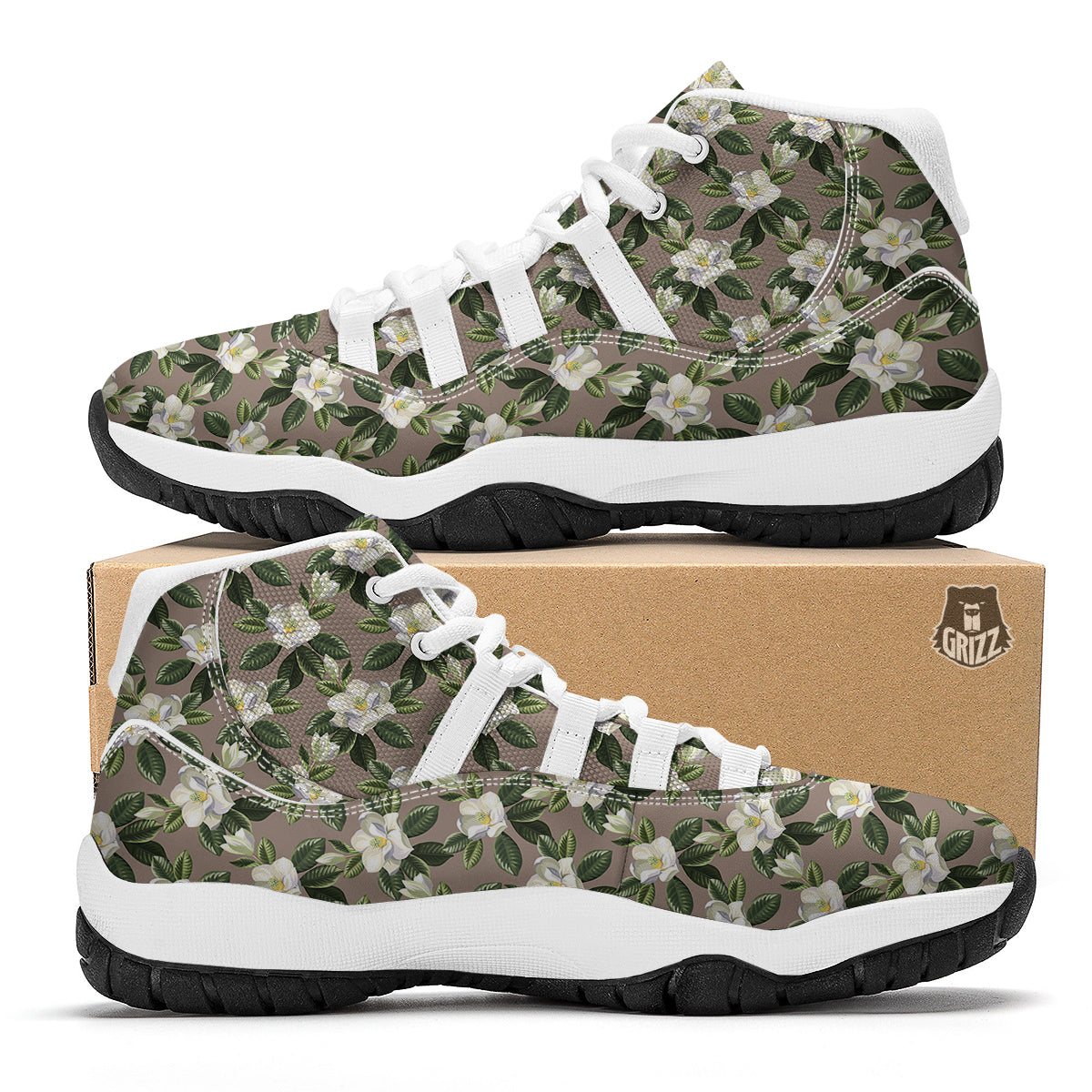 Magnolia Exotic And Brown Print Pattern White Bball Shoes-grizzshop