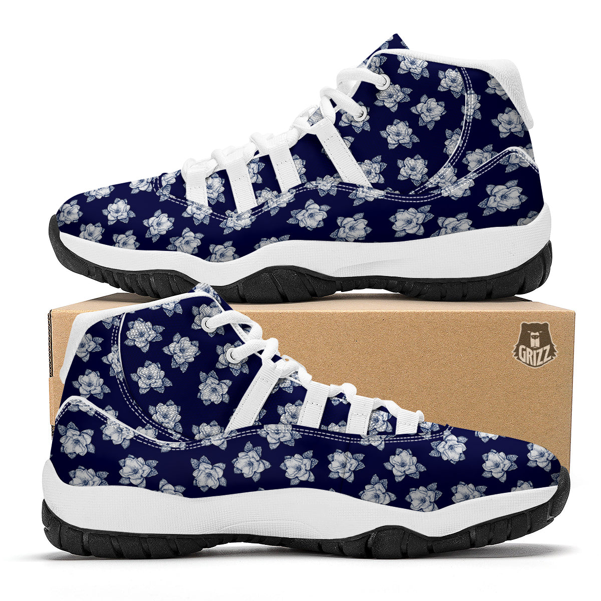 Magnolia Watercolor Blue Print Pattern White Bball Shoes-grizzshop