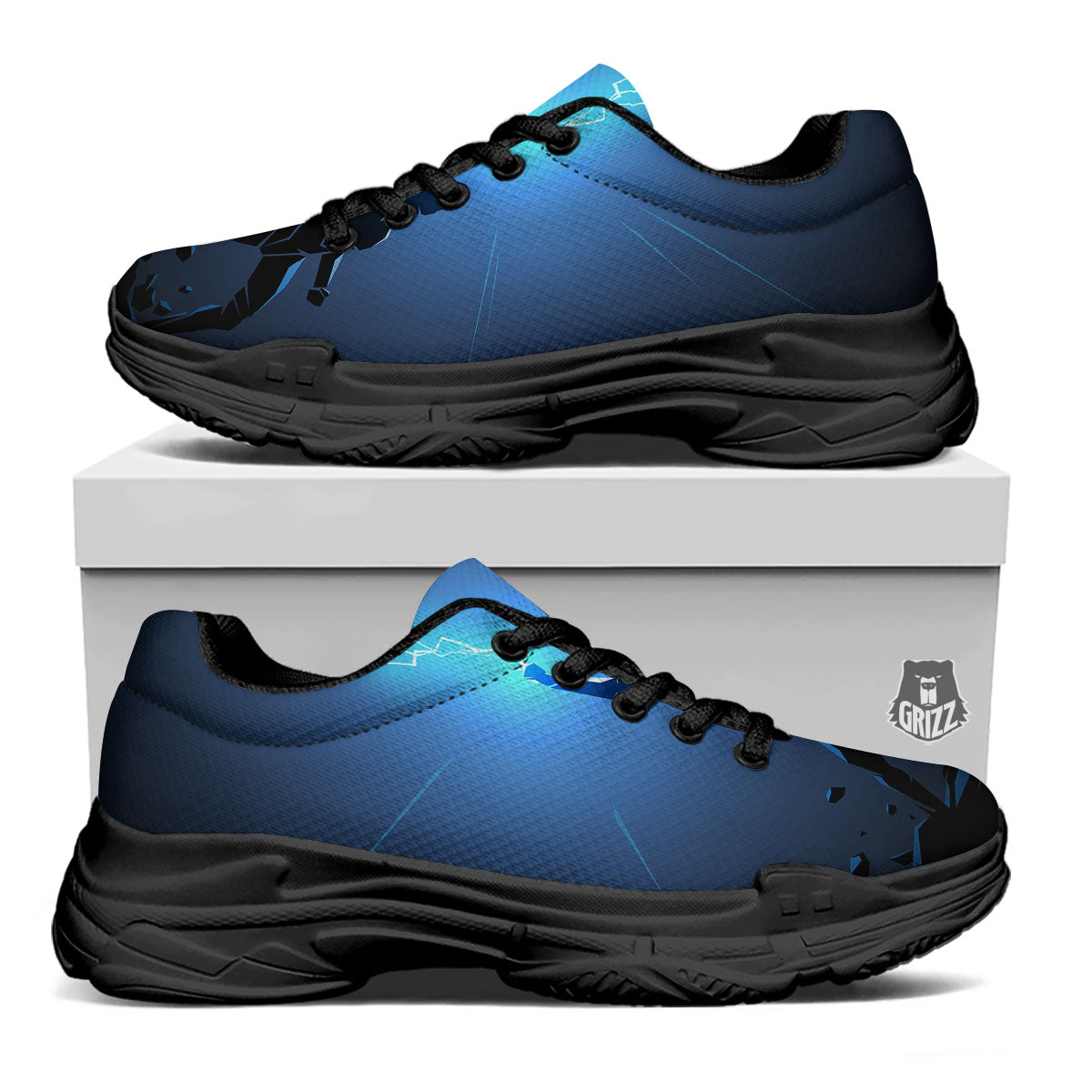Man And Blue Lightning Print Black Chunky Shoes-grizzshop