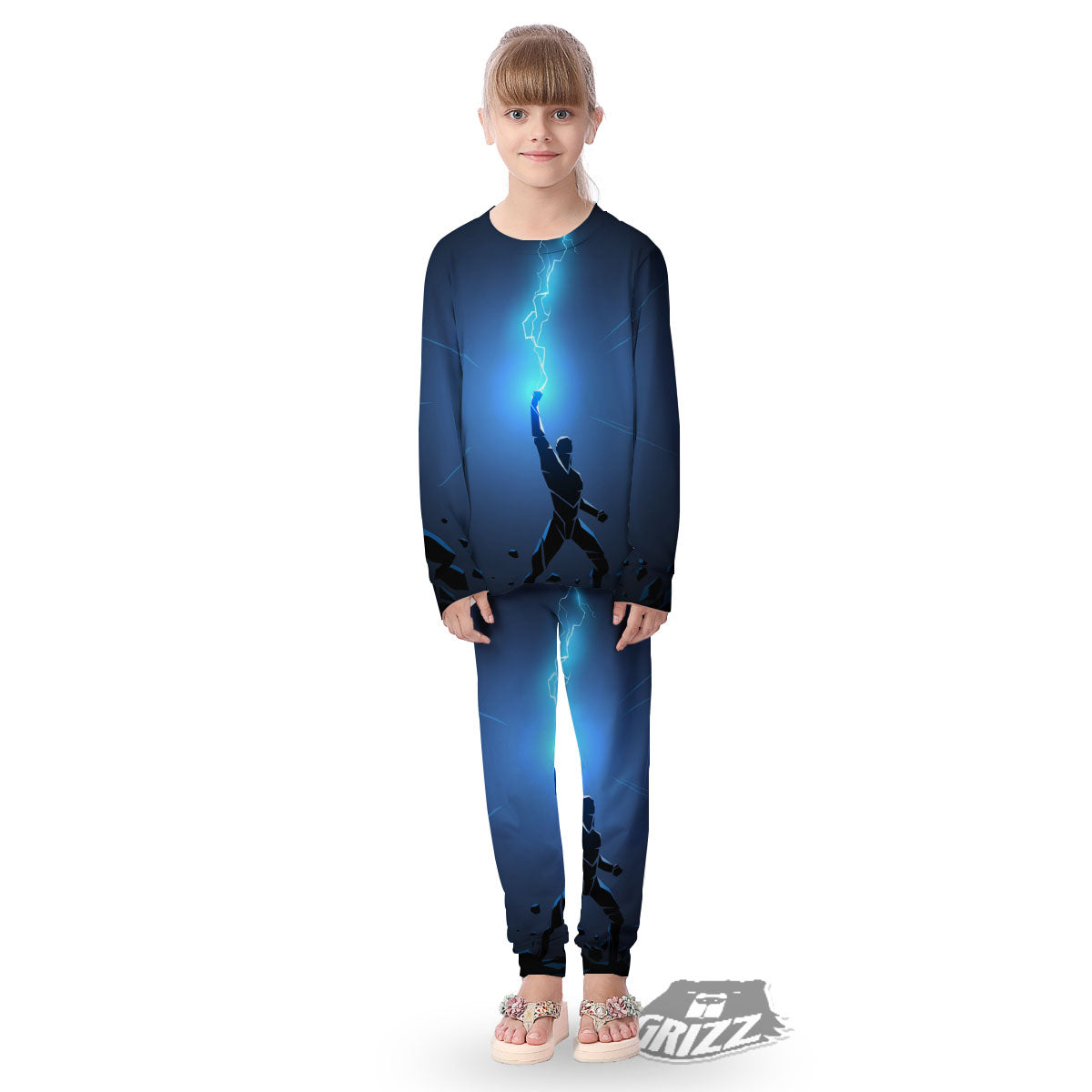 Man And Blue Lightning Print Kid's Pajamas-grizzshop