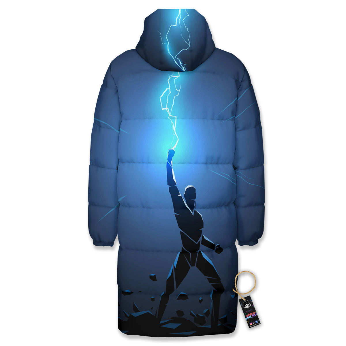 Man And Blue Lightning Print Long Down Jacket-grizzshop