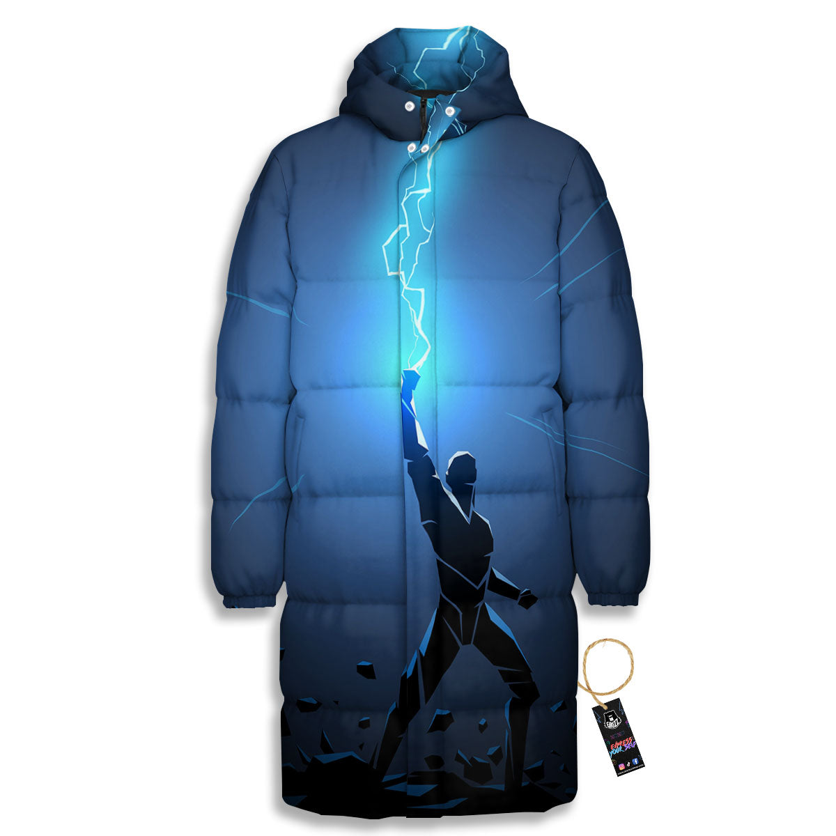 Man And Blue Lightning Print Long Down Jacket-grizzshop