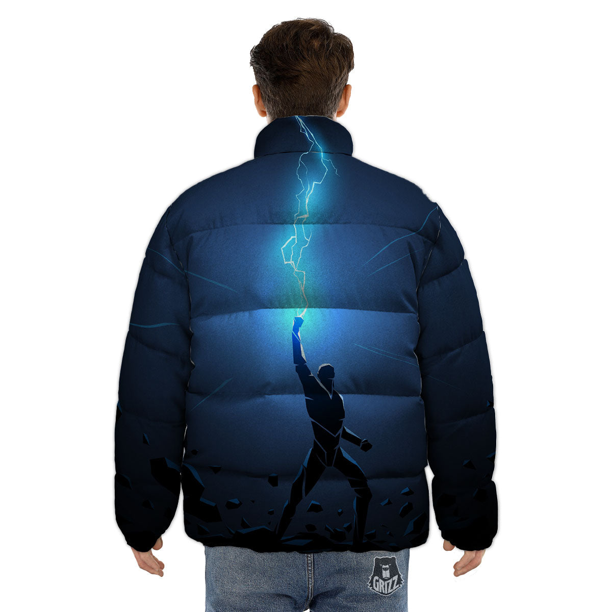 Man And Blue Lightning Print Puffer Jacket-grizzshop