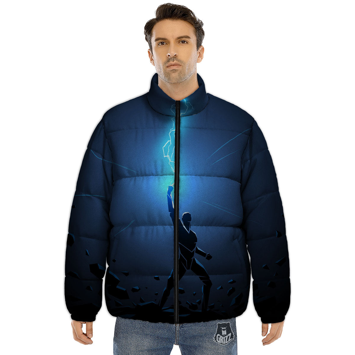 Man And Blue Lightning Print Puffer Jacket-grizzshop