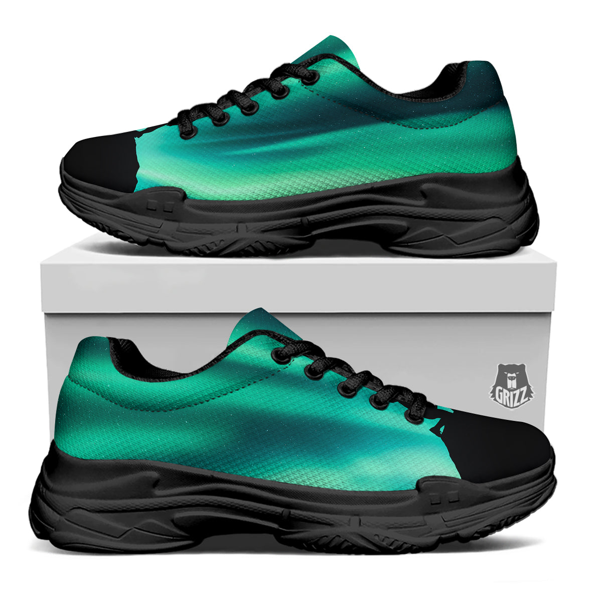 Man Making Marriage With Northern Lights Print Black Chunky Shoes-grizzshop