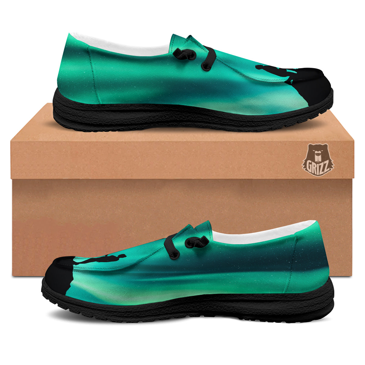 Man Making Marriage With Northern Lights Print Black Loafers-grizzshop