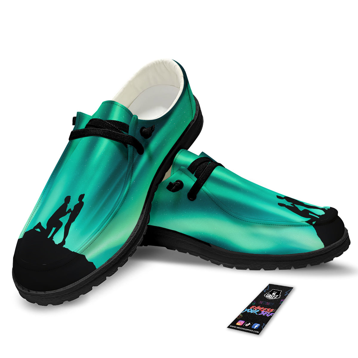 Man Making Marriage With Northern Lights Print Black Loafers-grizzshop