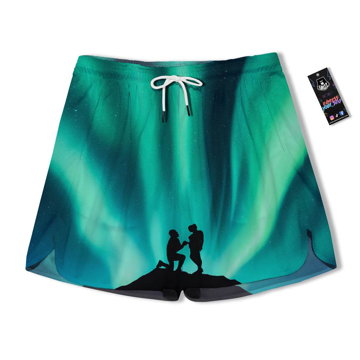 Man Making Marriage With Northern Lights Print Men's Running Shorts-grizzshop