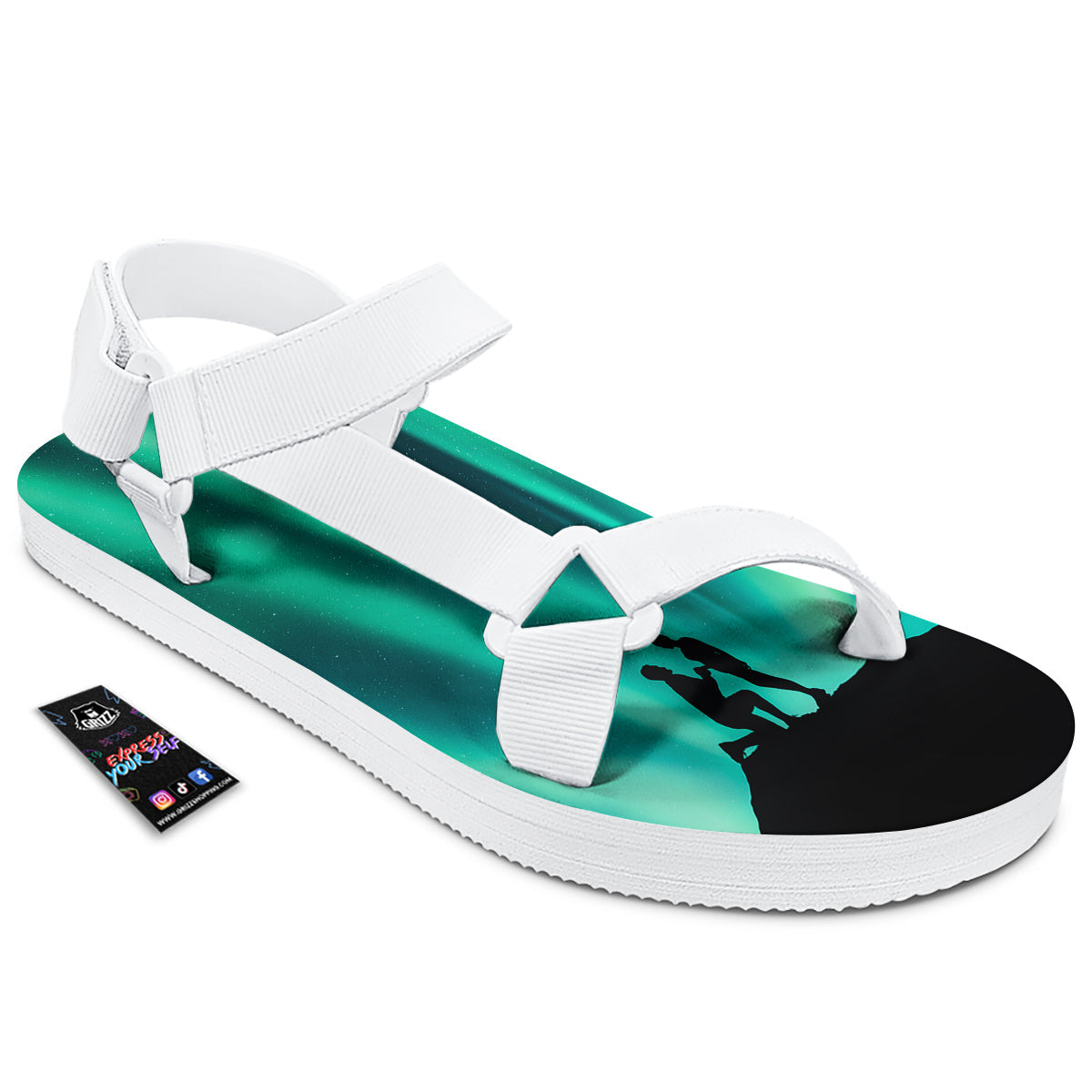 Man Making Marriage With Northern Lights Print White Open Toe Sandals-grizzshop