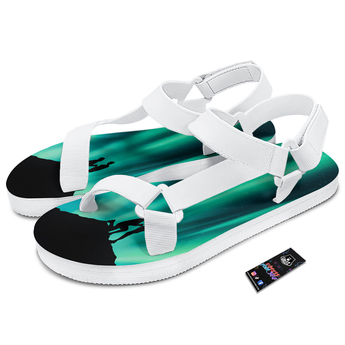 Man Making Marriage With Northern Lights Print White Open Toe Sandals-grizzshop