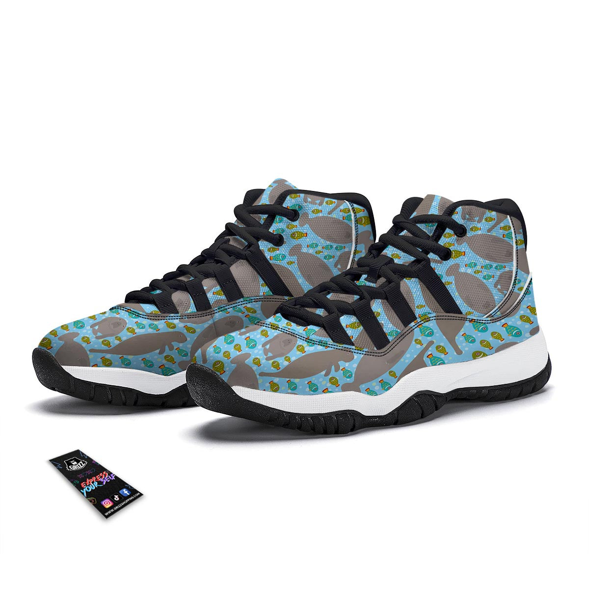 Manatee Pattern Print Black Bball Shoes-grizzshop