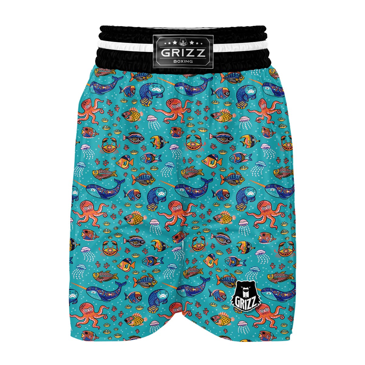 Manatee Whale Fish Octopus Pattern Print Boxing Shorts-grizzshop